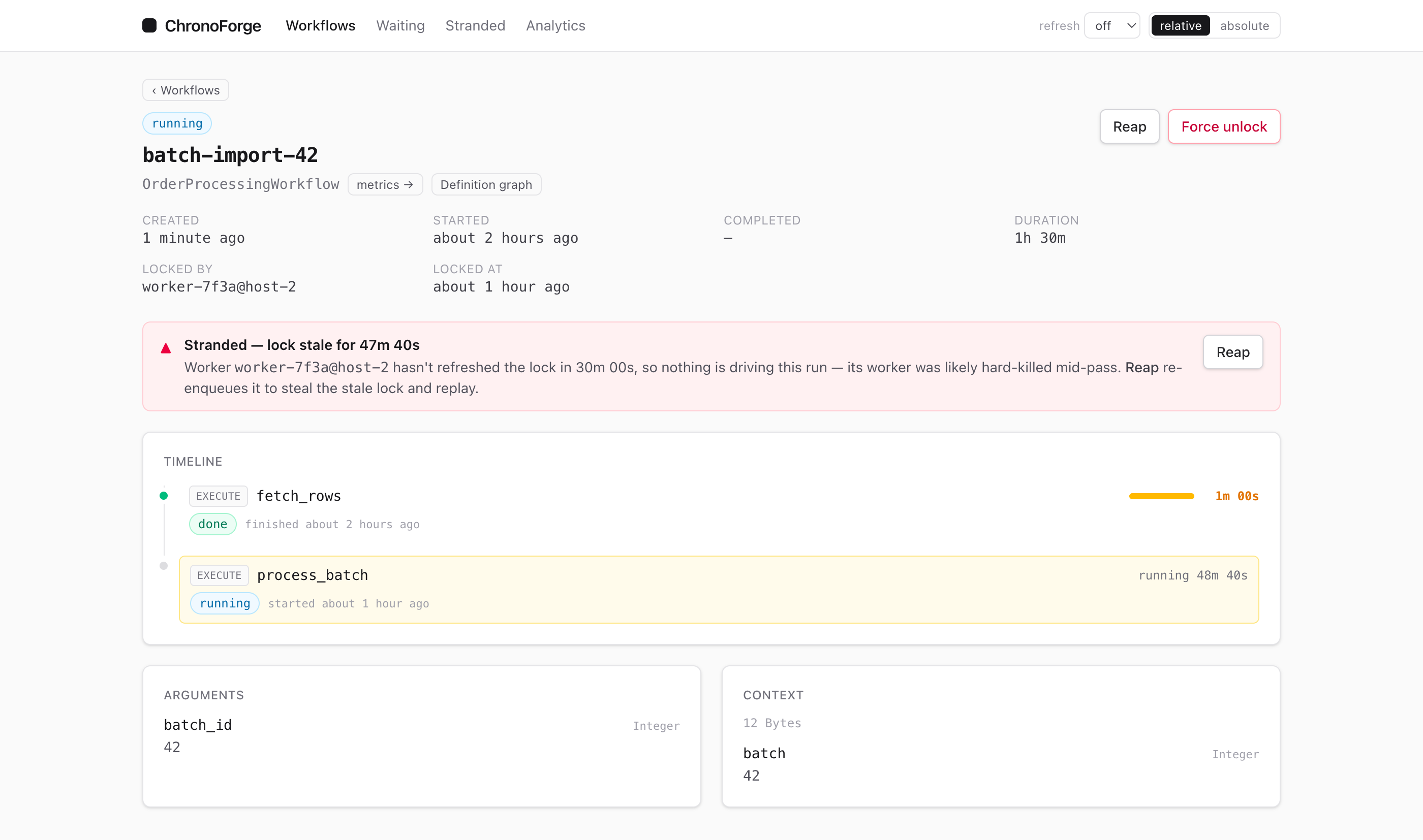 Stranded workflow detail with reap action