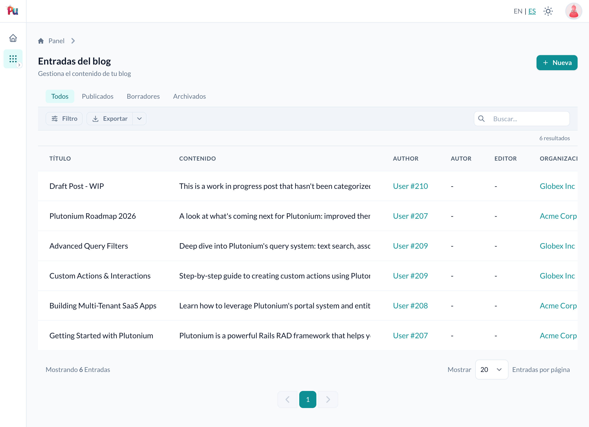 The dummy admin portal rendered in Spanish, with the EN | ES switch in the top bar