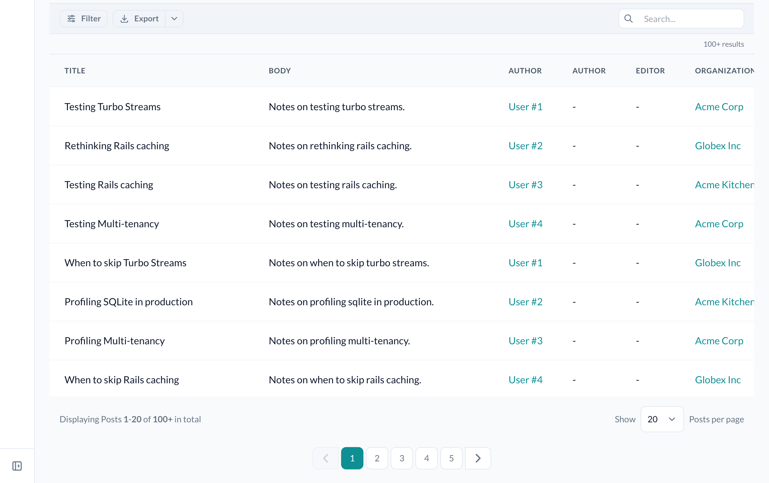 A posts index capped at 100: the result count reads "100+ results", the footer reads "Displaying Posts 1-20 of 100+ in total", and the pager links pages 1 through 5