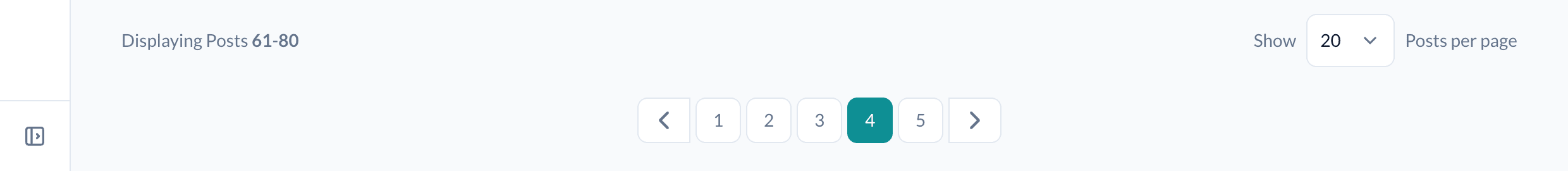 A countless pager on page 4: the footer reads "Displaying Posts 61-80" with no total, and the pager shows pages 1 through 5