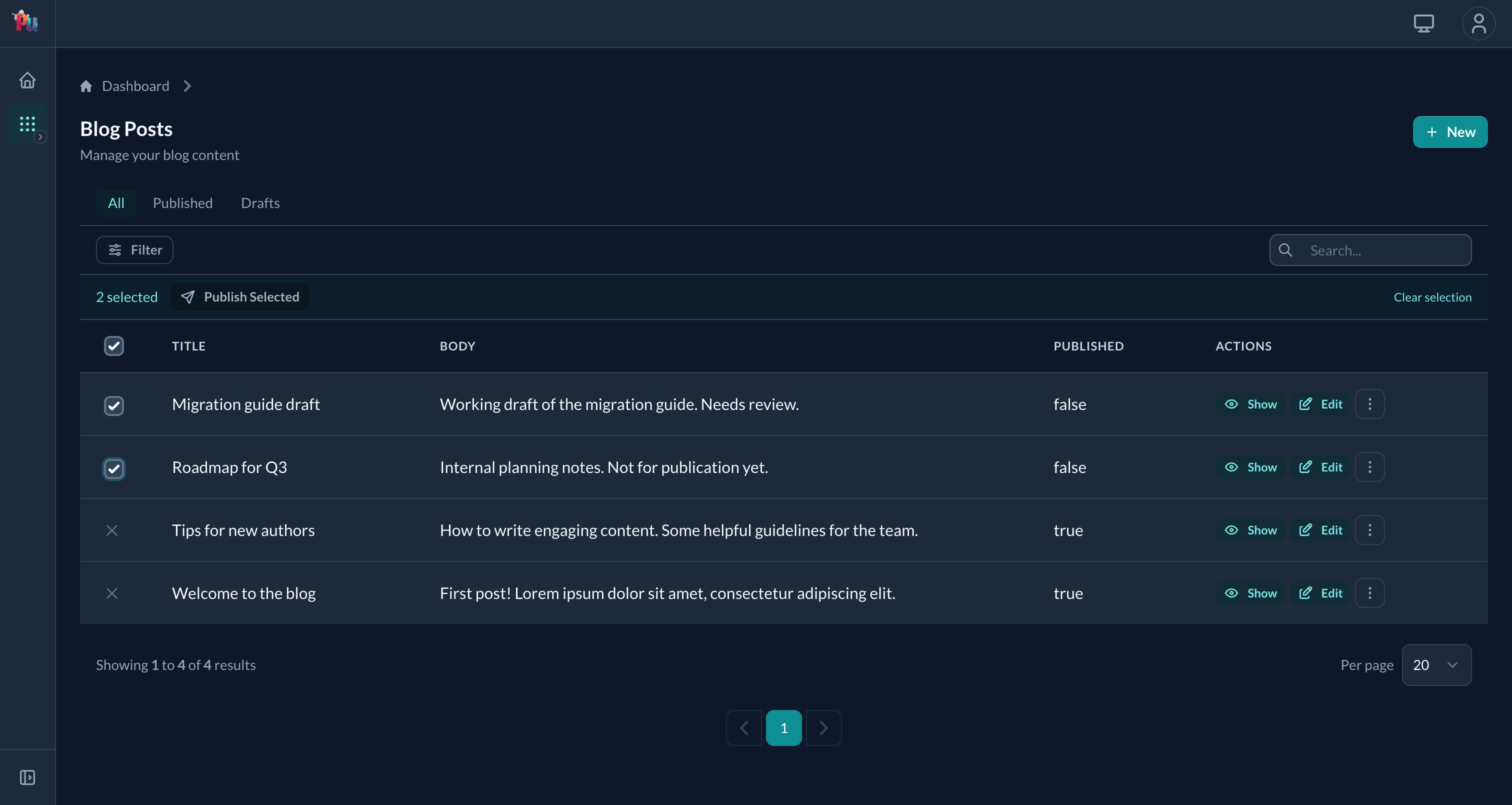 Bulk action toolbar with selected drafts