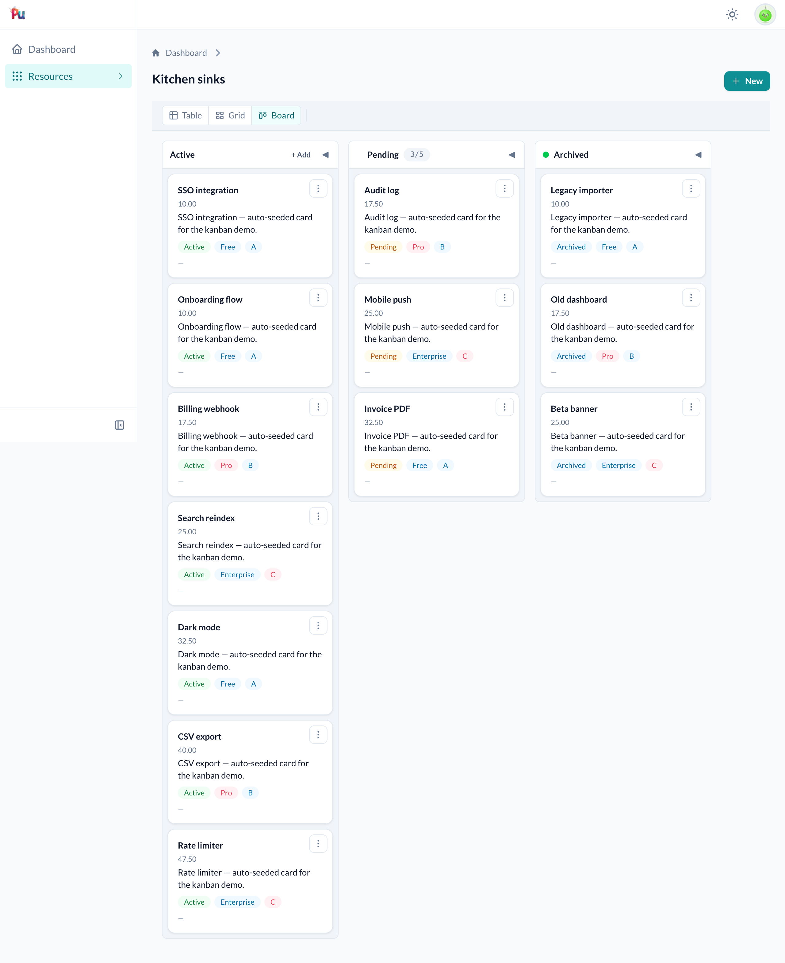 A kanban board grouped by status — cards with badges, a WIP badge on Pending, a quick-add button, and collapsible columns