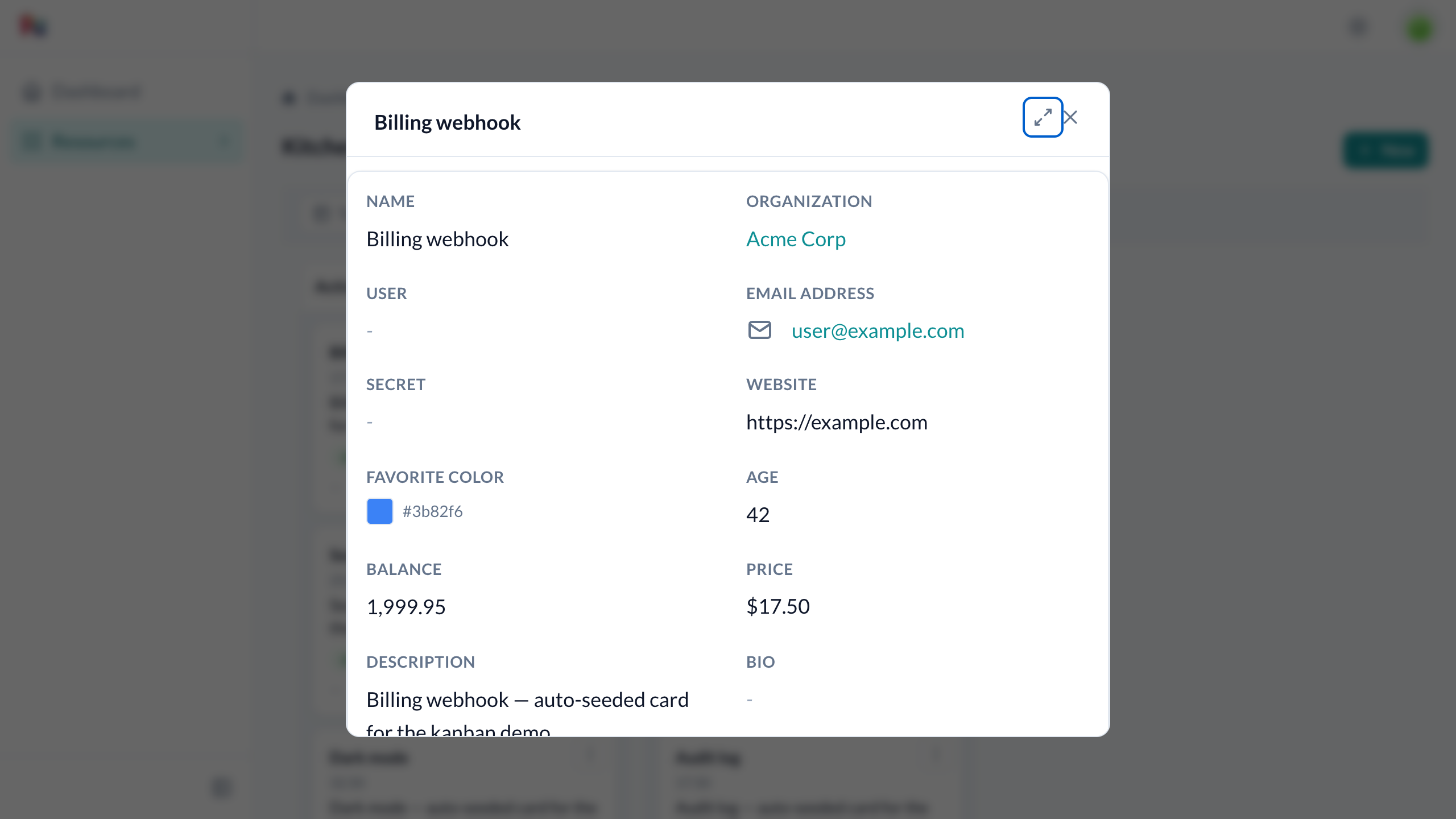 A card's show page open in a centered modal over the board, with an expand icon to open the full page