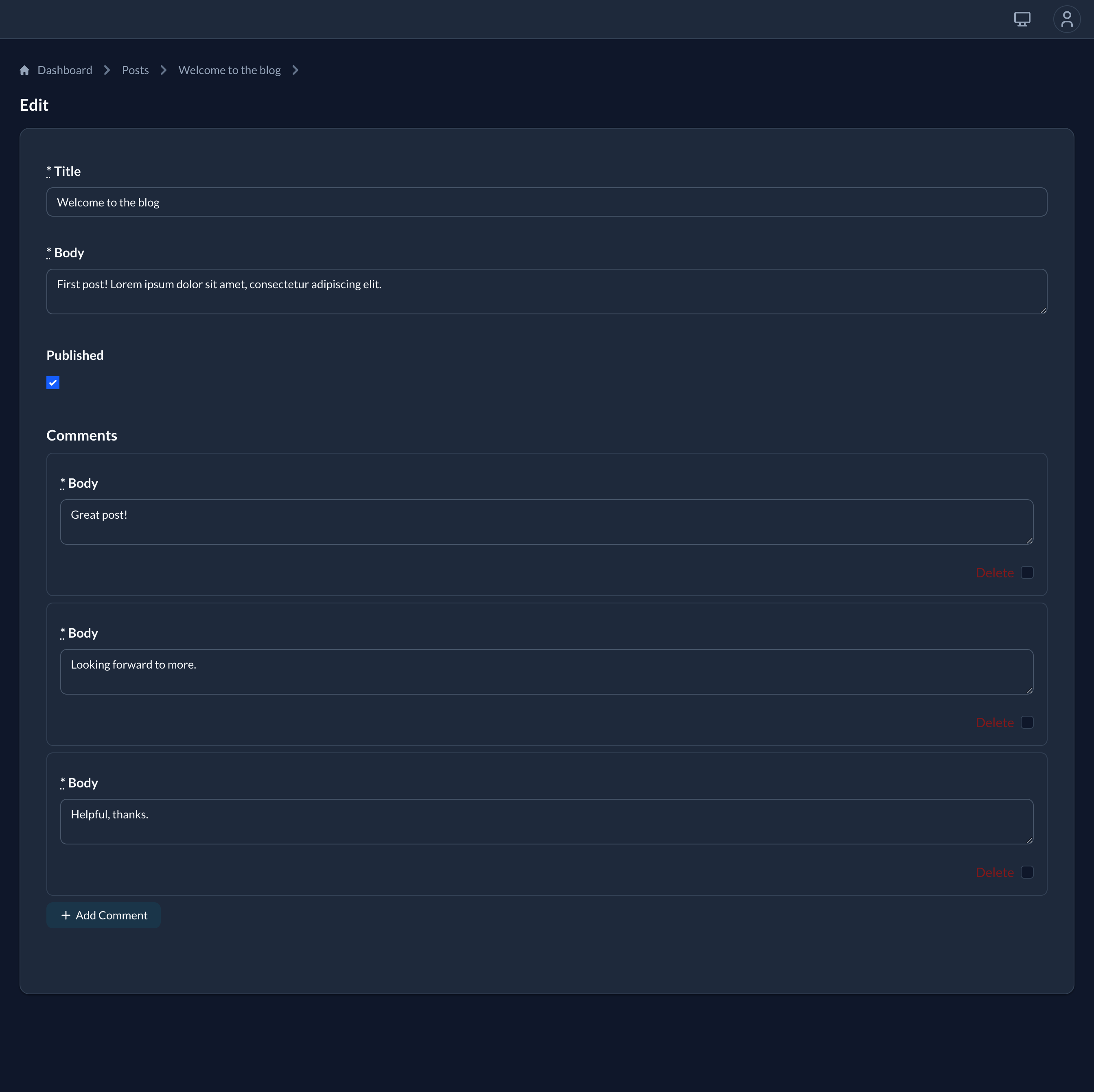 Inline nested-input editor with Add Comment button