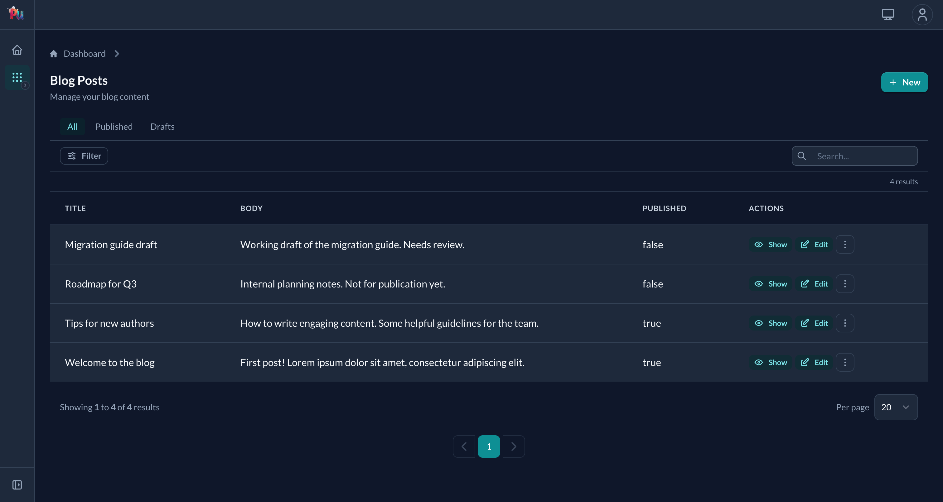 Search box, scope tabs, filter button, sortable columns