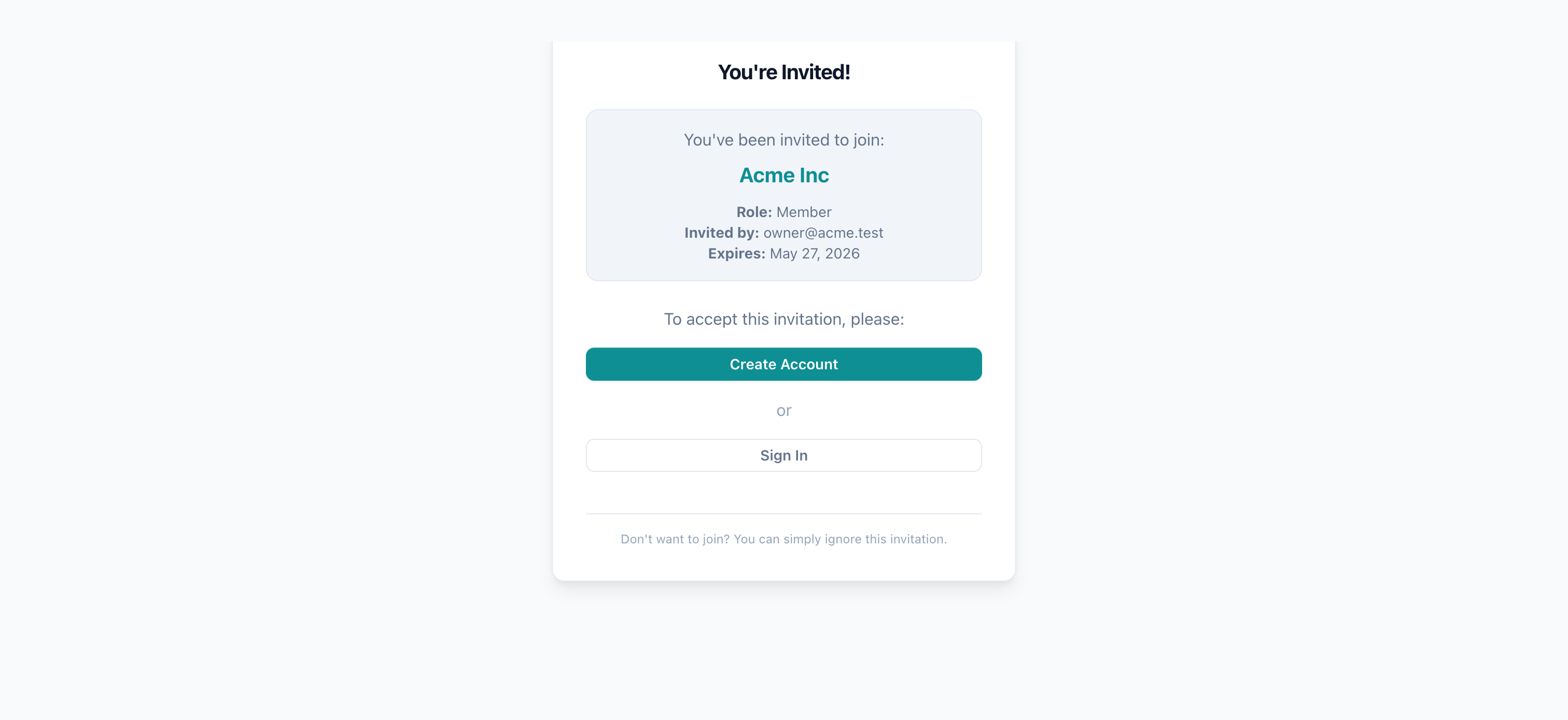Invitation landing page