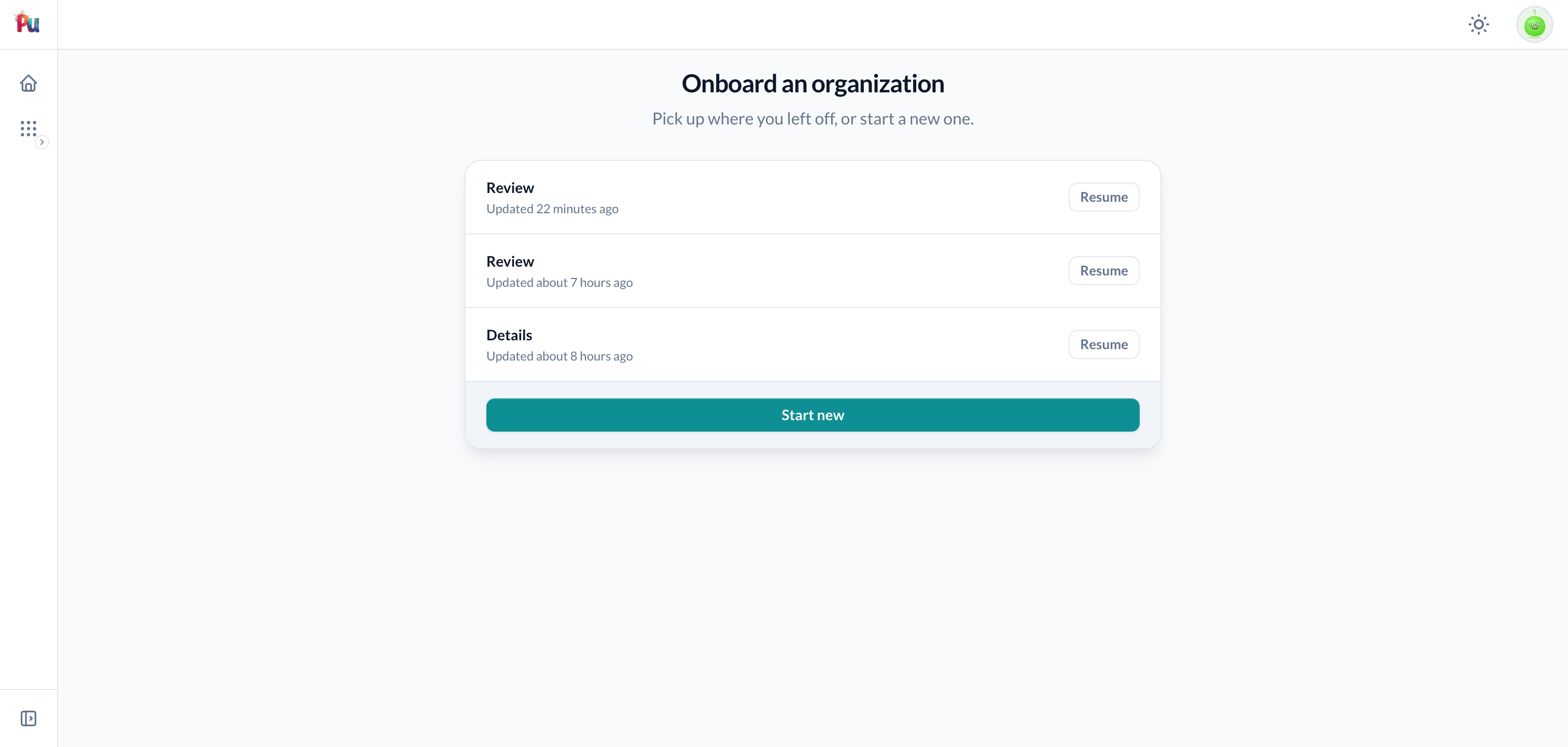 The resume-or-new chooser — pending runs with their current step and a Resume button, plus a Start new action