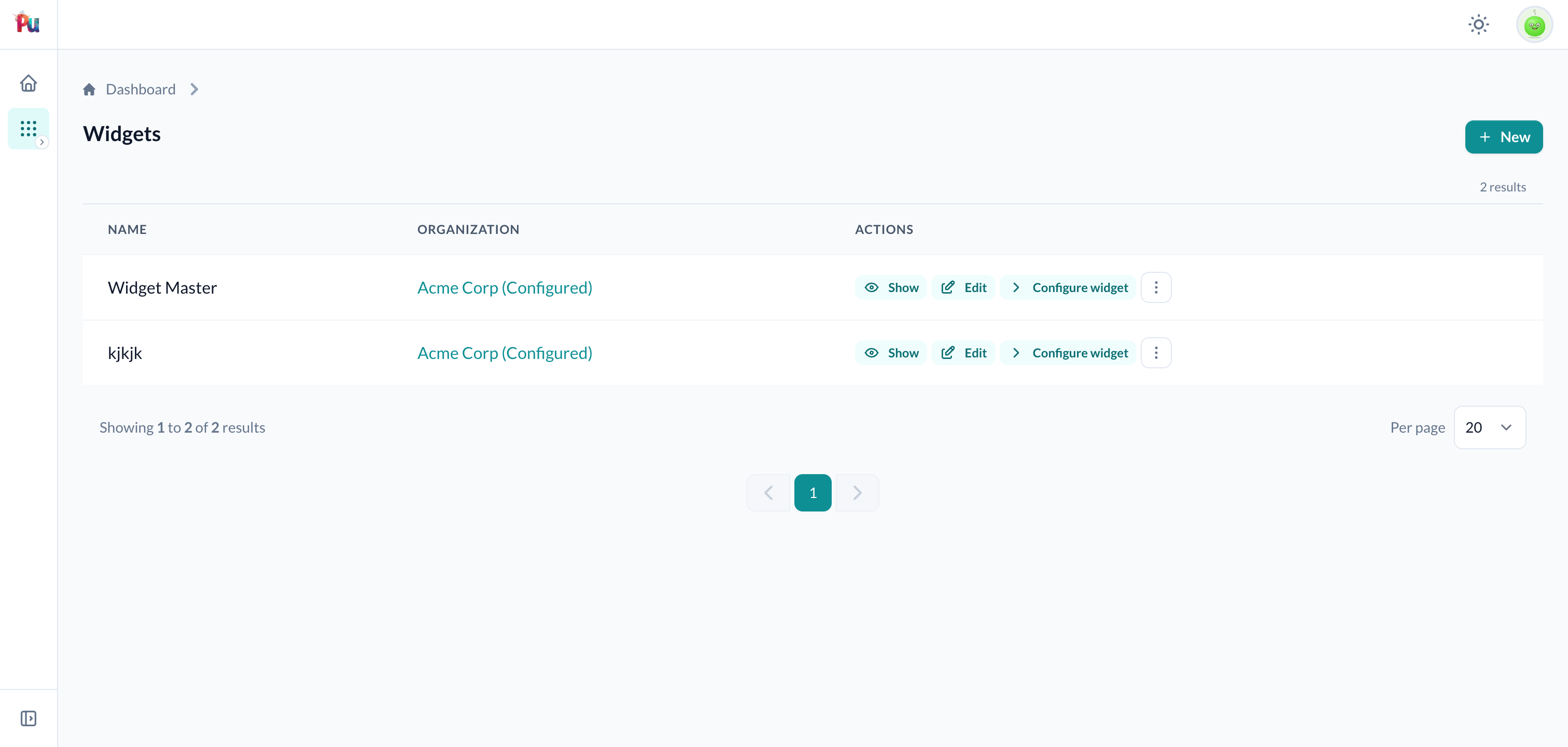 A resource index — each row carries the anchored wizard's launch action (Show · Edit · Configure widget · ⋮)