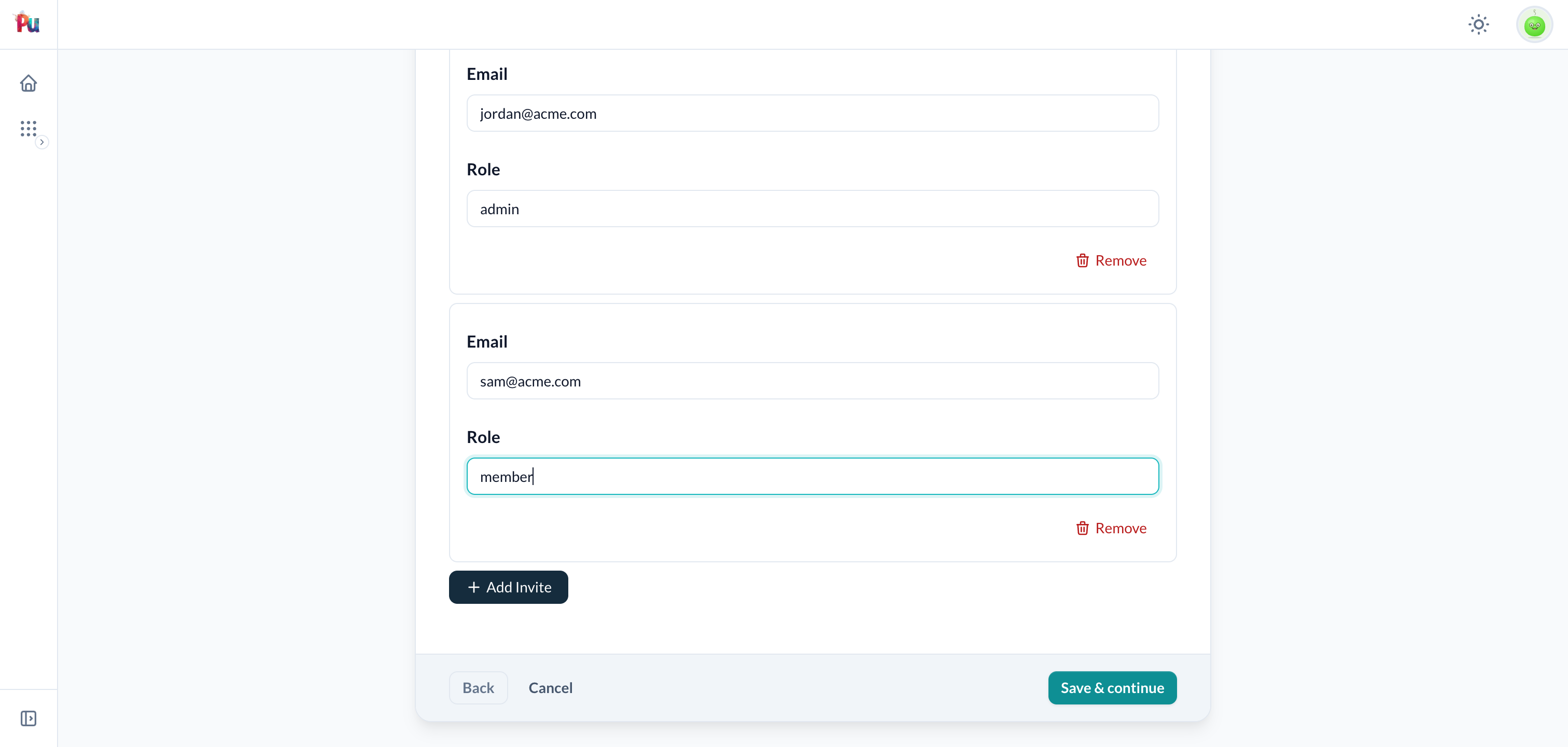 A structured/repeater step — multiple invite rows with Add/Remove, inside the wizard step card