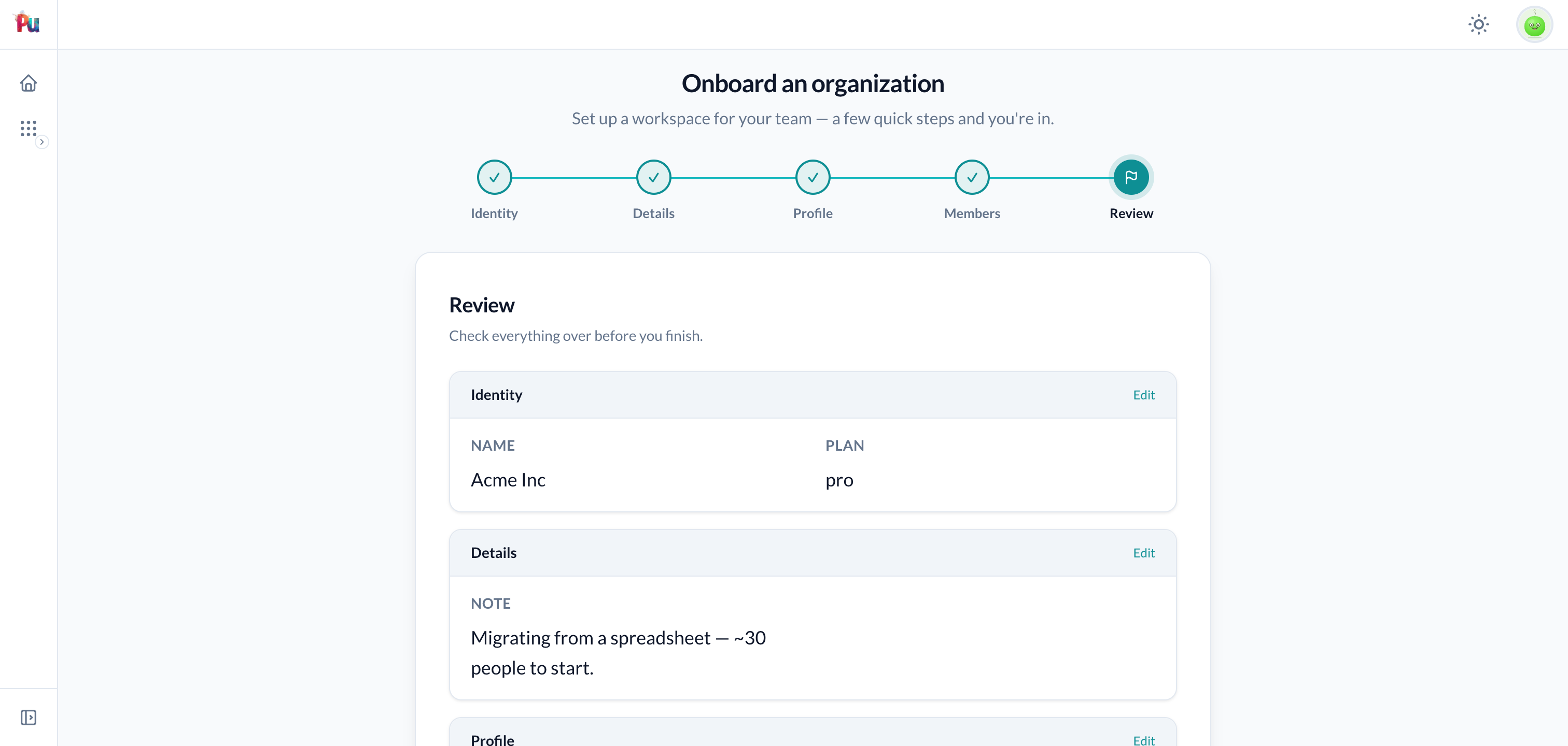 The review step — a grouped auto-summary of every step's data with per-step Edit links and a gated Finish