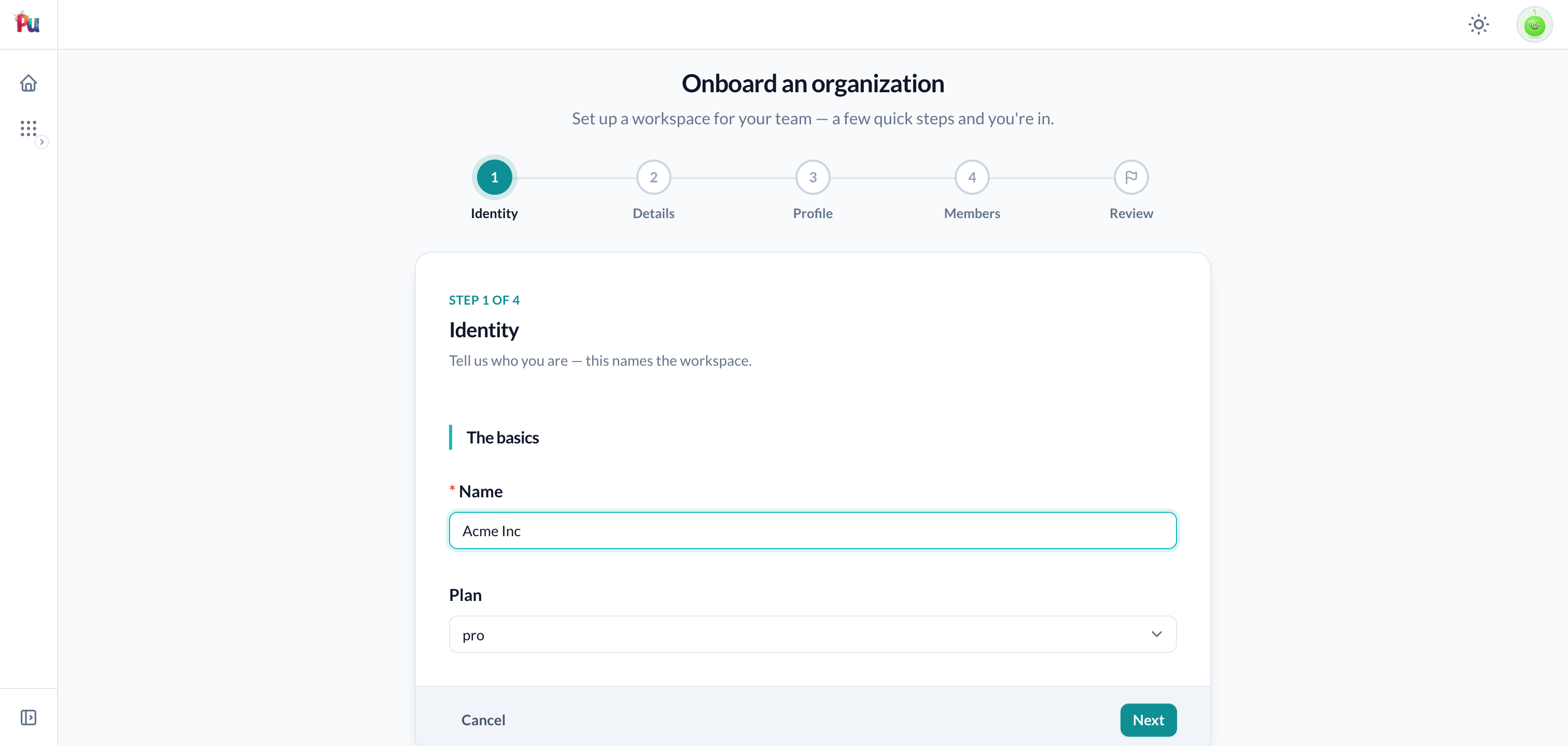 A wizard step page — numbered stepper rail, a focused step card with typed inputs, and Back/Next/Cancel navigation