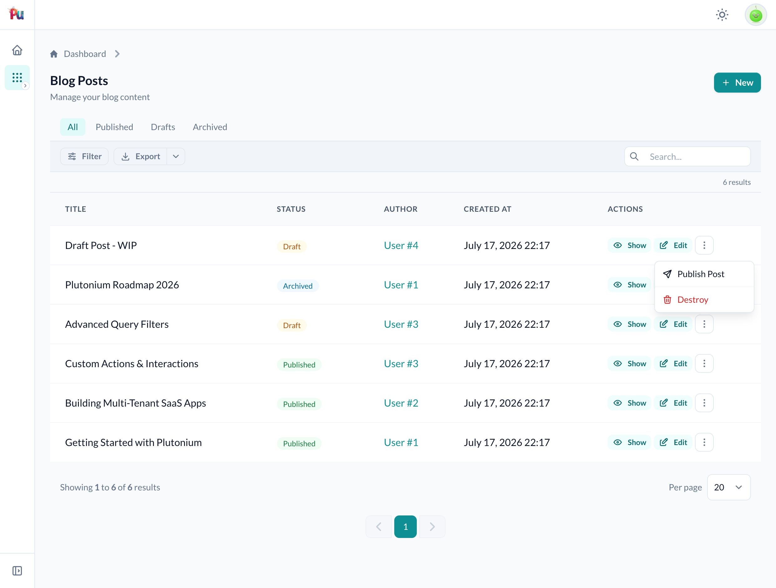 Blog posts table with the row actions menu open — Publish Post appears on the draft row only