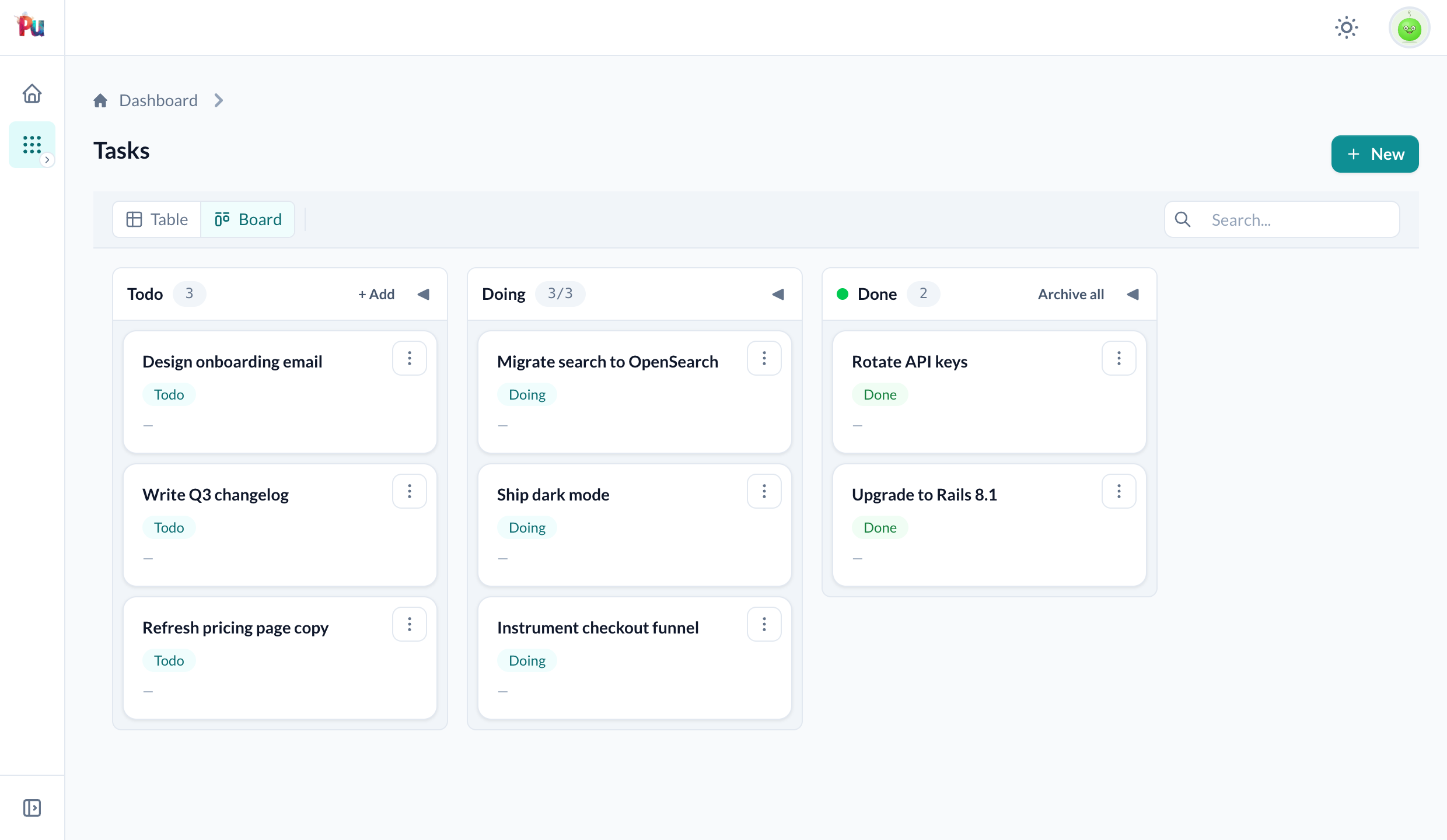 Kanban board with Todo, Doing, and Done columns — WIP limit on Doing, quick-add on Todo, and an Archive all column action on Done