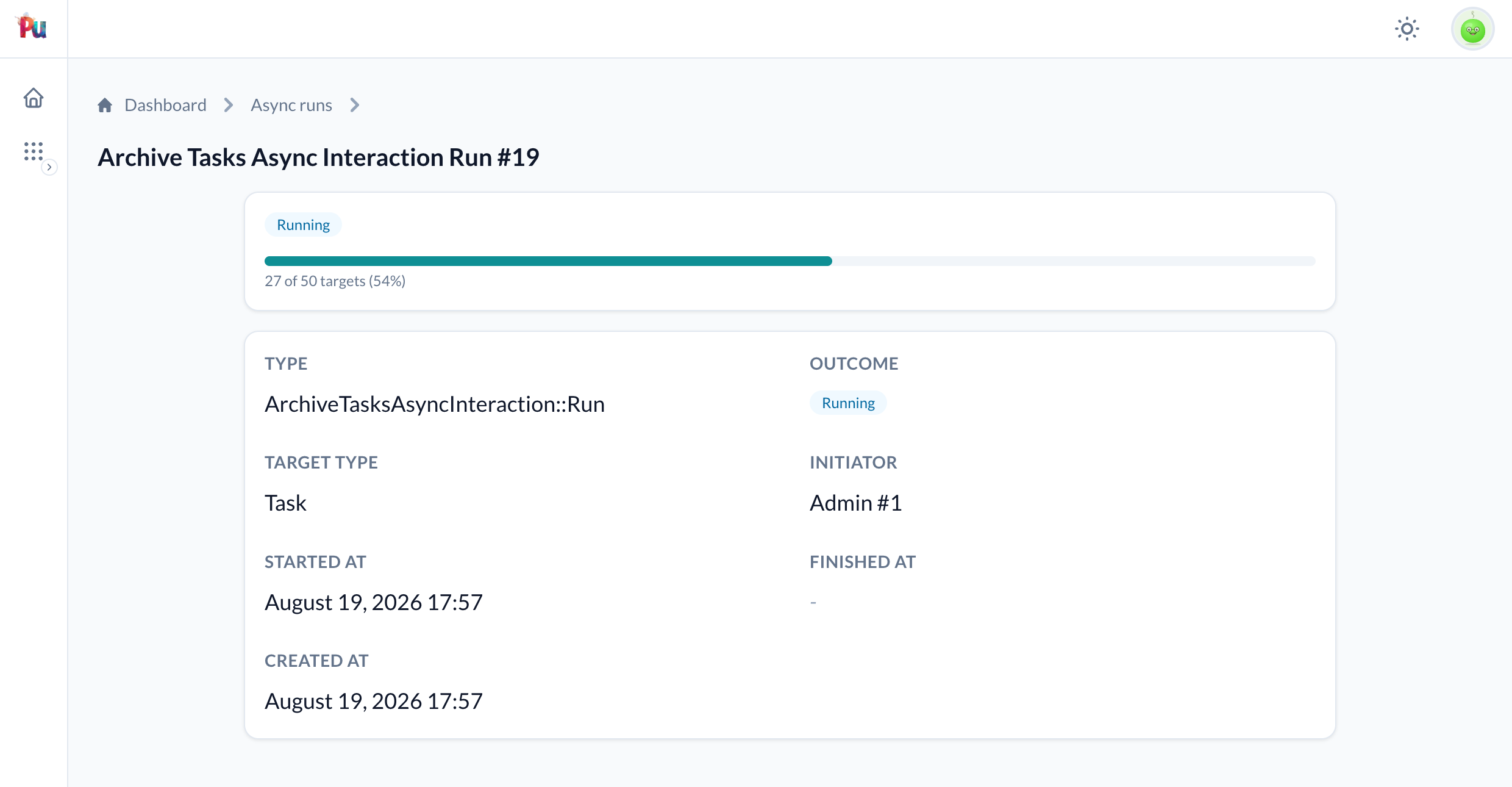 A run's progress page showing a Running badge, a progress bar at 27 of 50 targets, and the run's type, target type, initiator and timestamps