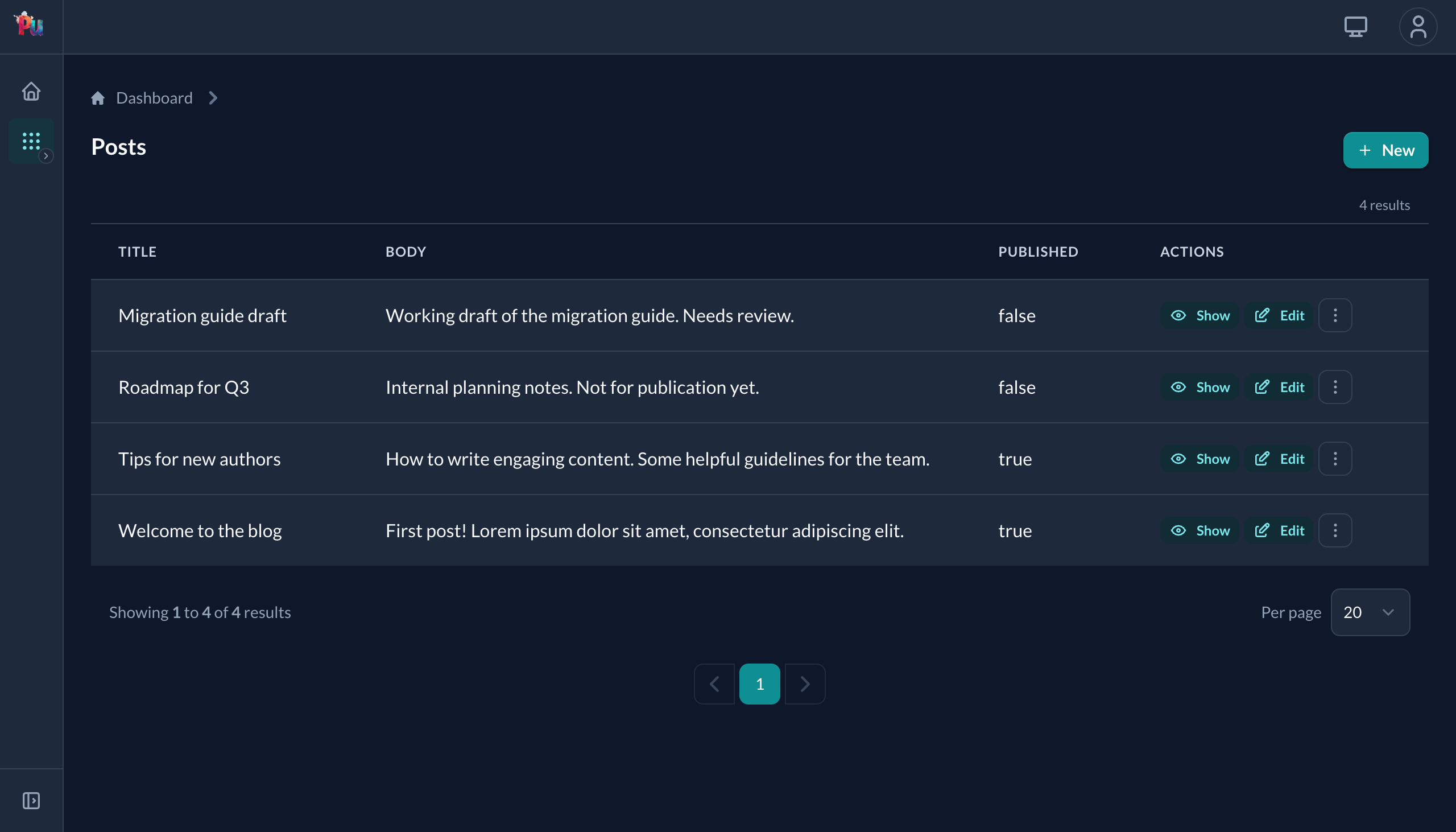 Posts index with rows