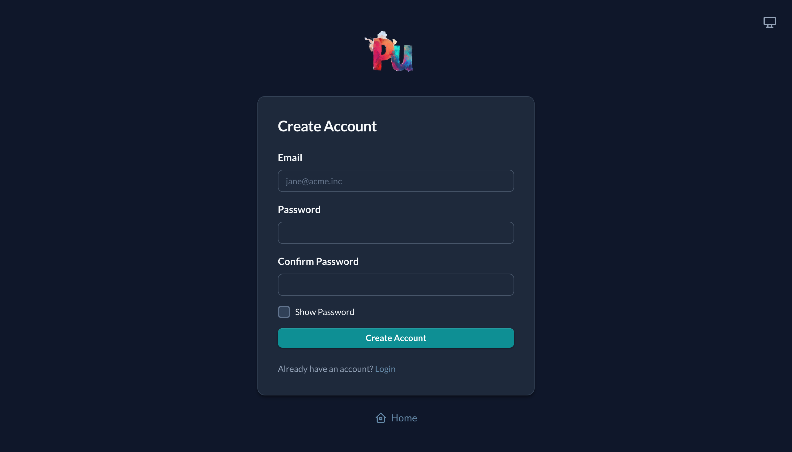 Create account page