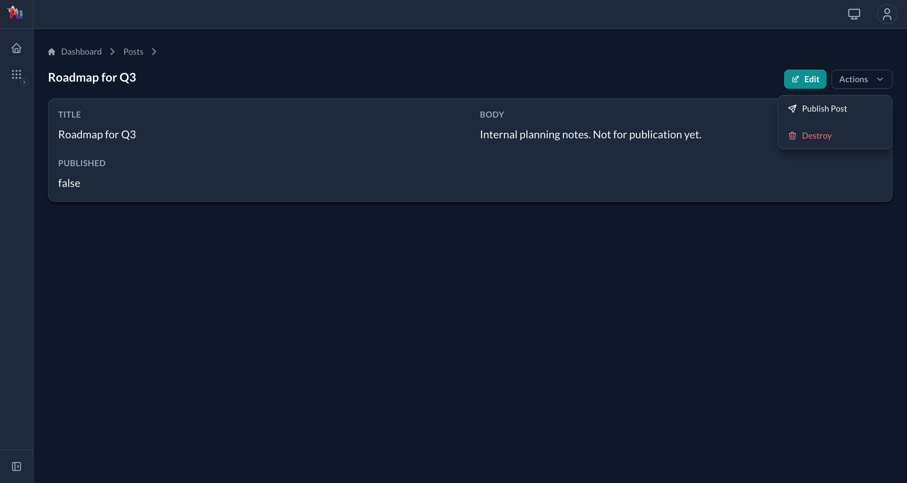 Publish action in the show page menu