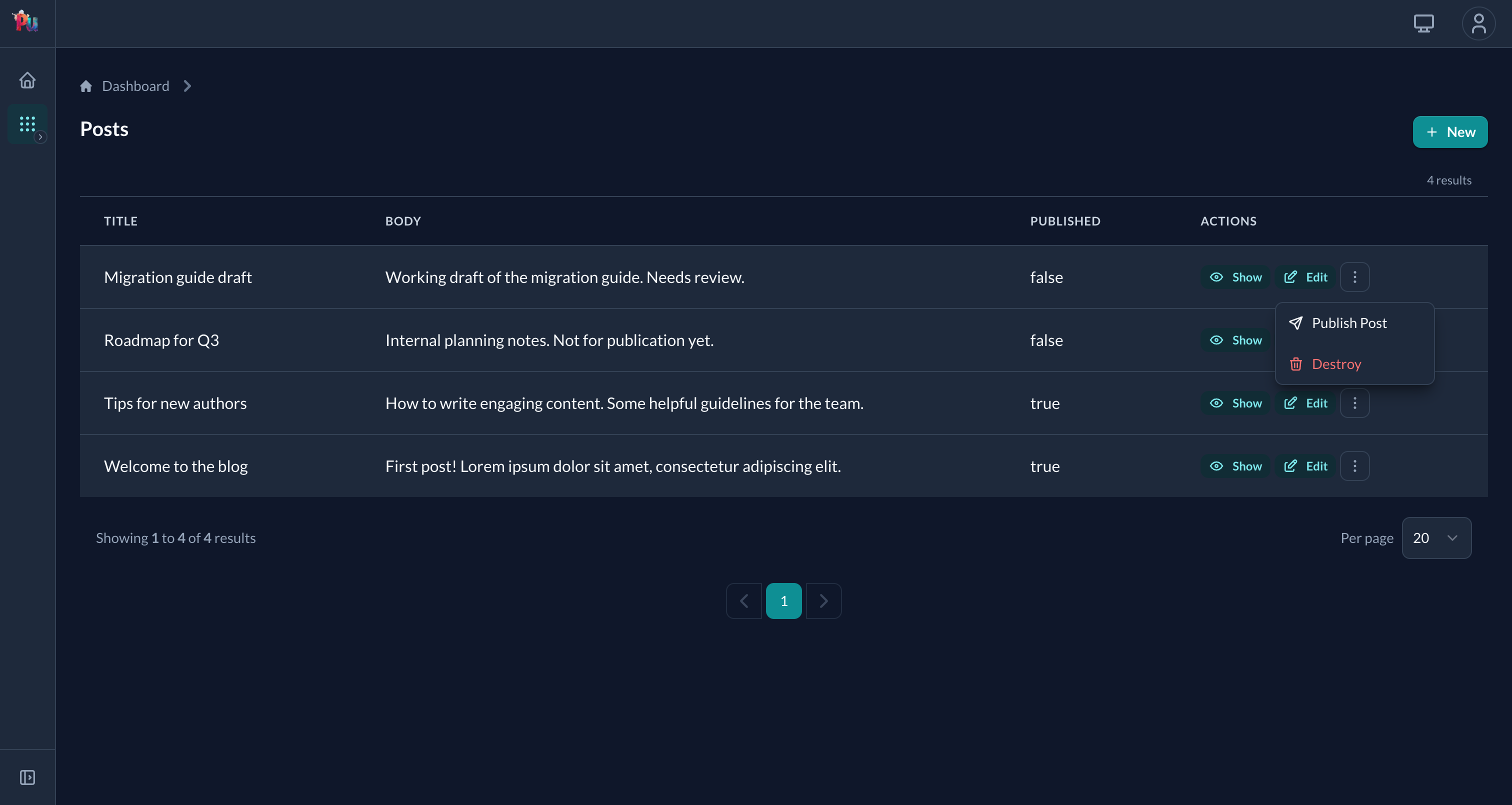 Publish action in the row menu